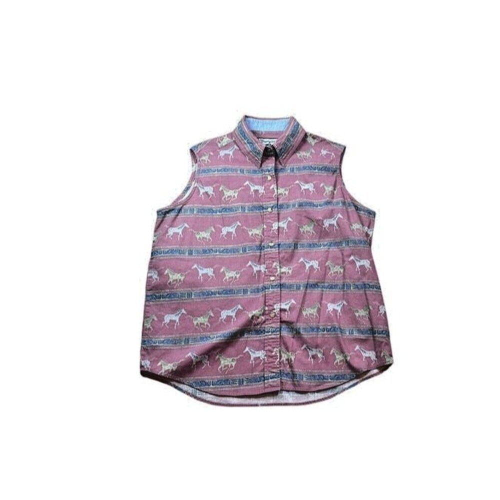 Wrangler Blues Womens Size Large Horse Sleeveless Top Pearl Snap Rodeo Vintage